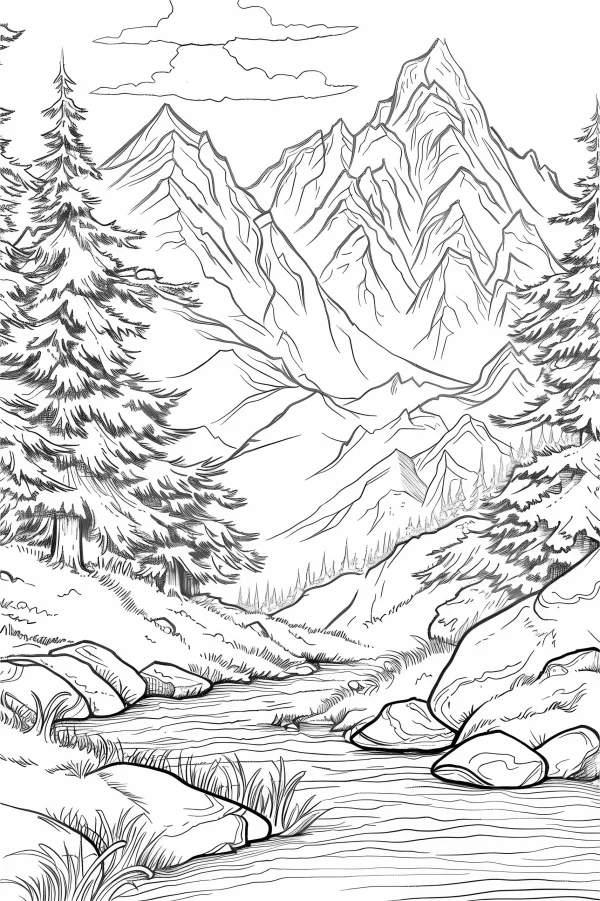 Mountain forest stream landscape, realistic sketch style — free printable mountains and rivers coloring book page