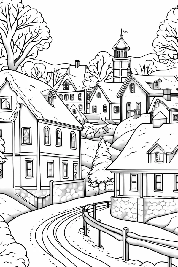 Snow-covered winter town, illustration style — free printable town coloring book page