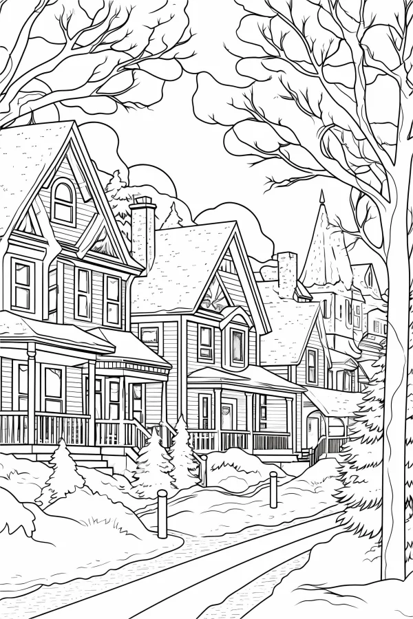 Winter town house cluster, realistic illustration style — free printable small town life coloring book page