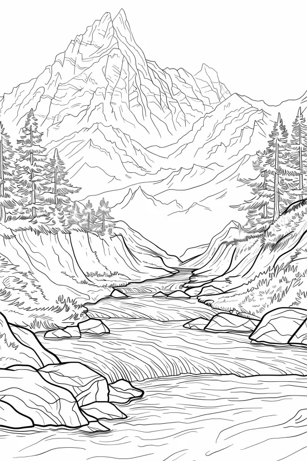 Mountain river forest landscape, realistic line art style — free printable mountains and rivers coloring book page
