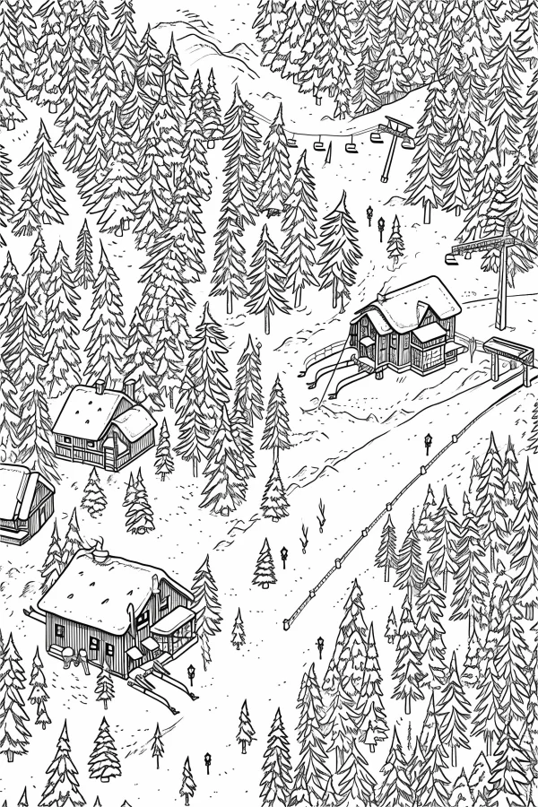 Winter ski village in dense pine forest, realistic line art style — free printable skiing coloring book page