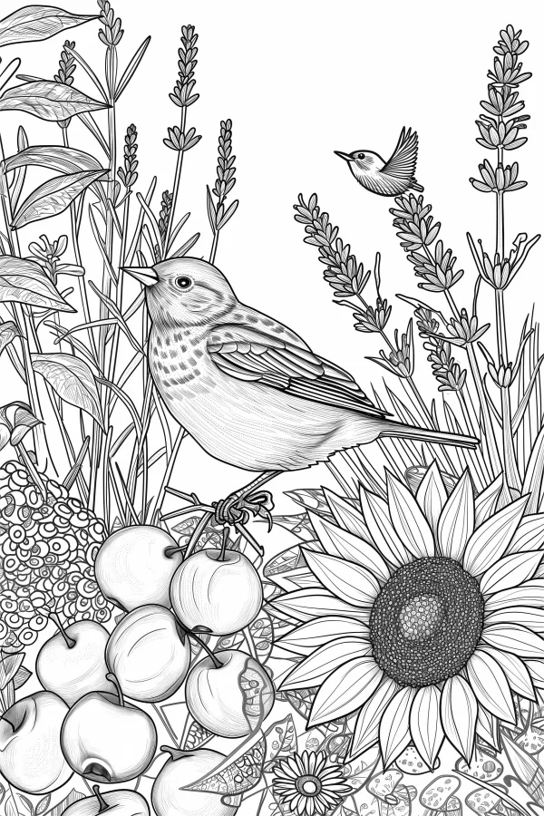 A bird perched on a branch surrounded by sunflowers, fruits — free printable animal theme coloring book page