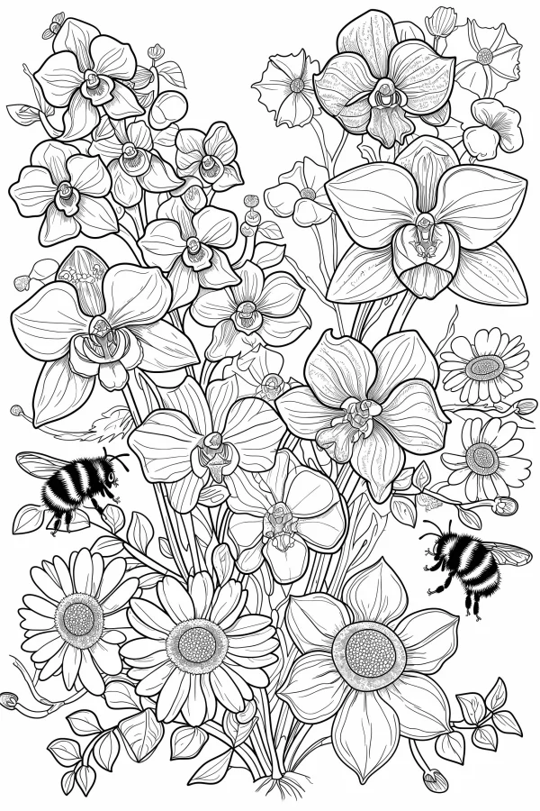 Orchids and daisies with bumblebees, natural line art style — free printable animal theme coloring book page