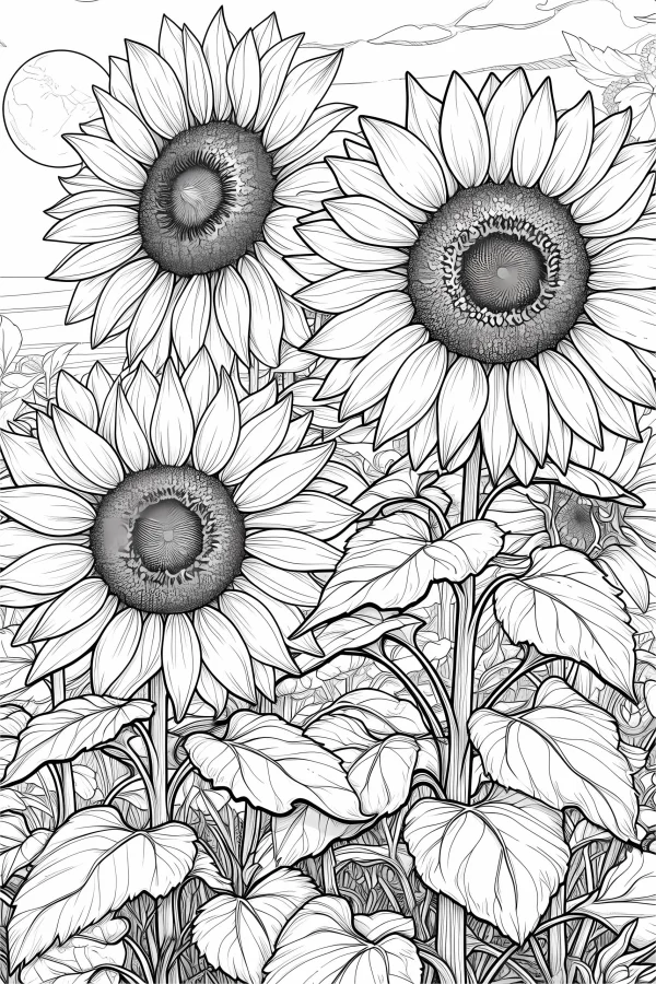 Sunflower field, realistic line art style — free printable pastoral coloring book page