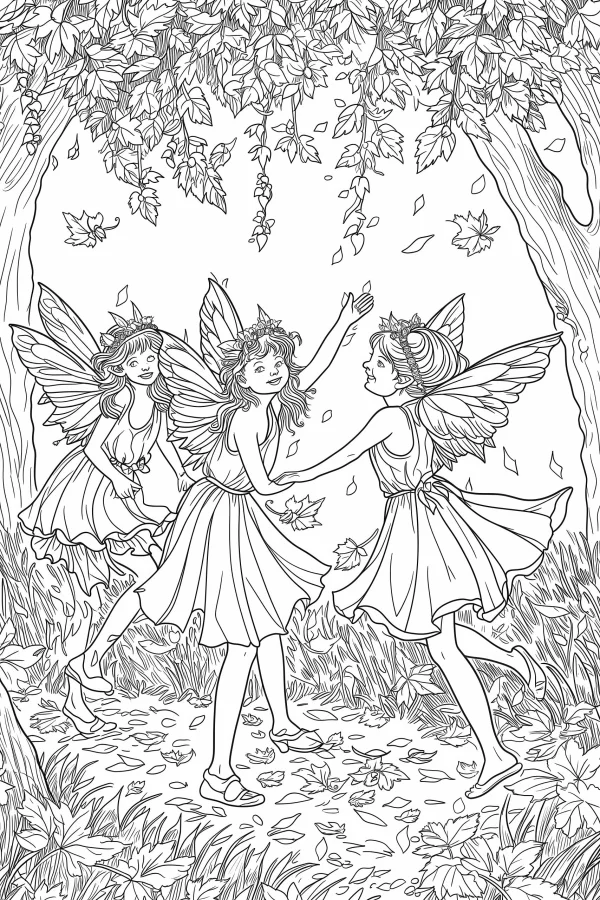 Dancing fairies in the forest, fairy tale cartoon style — free printable autumn coloring book page