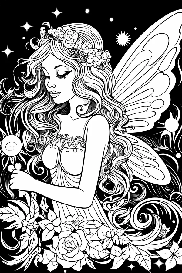 Flower fairy with curly hair and floral wreath, fantasy style — free printable magic coloring book page