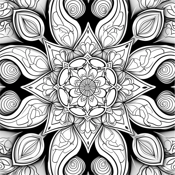 Intricate symmetrical mandala pattern, abstract art style — free printable balance coloring book page