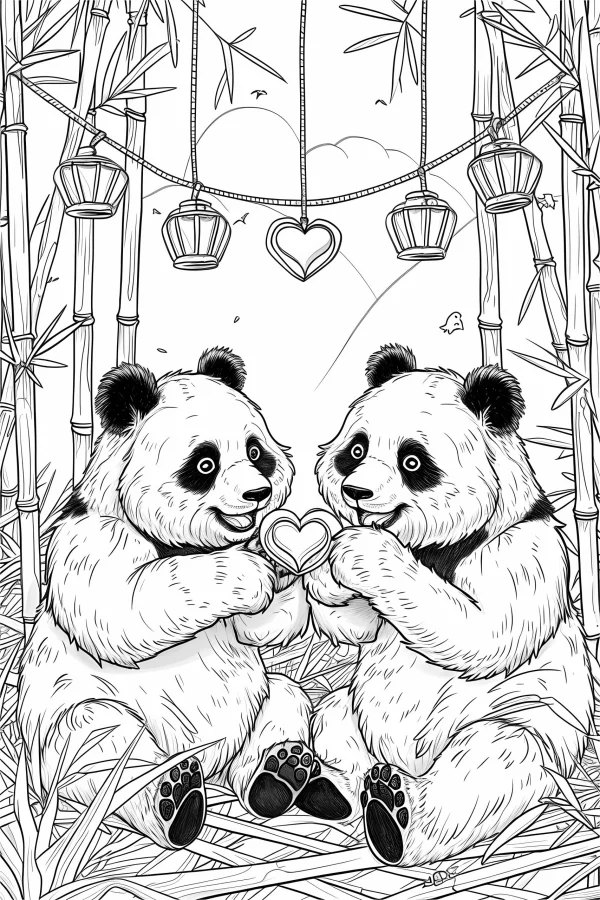Two cute pandas holding a heart, cartoon style — free printable friendship coloring book page