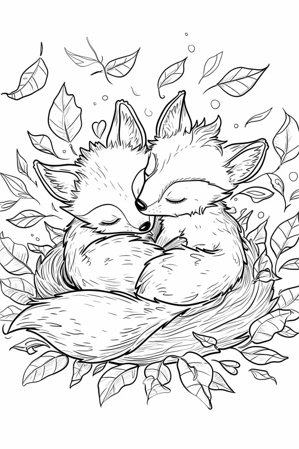 Two cuddling foxes, cartoon style — free printable friendship coloring book page