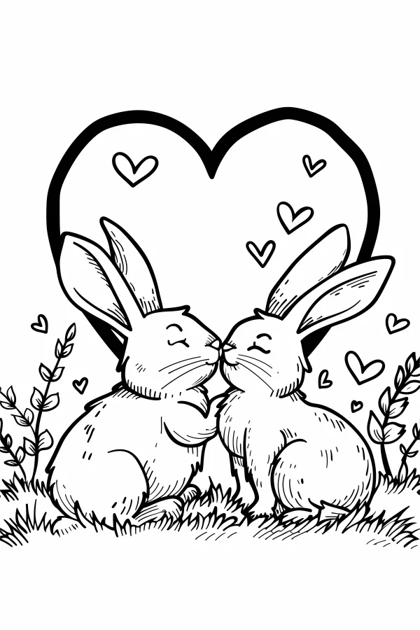 Two kissing rabbits, cartoon style — free printable valentine's day coloring book page