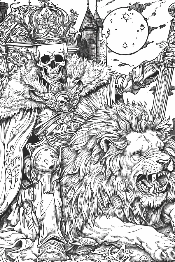 Skeleton king with roaring lion, gothic fantasy style — free printable medieval coloring book page