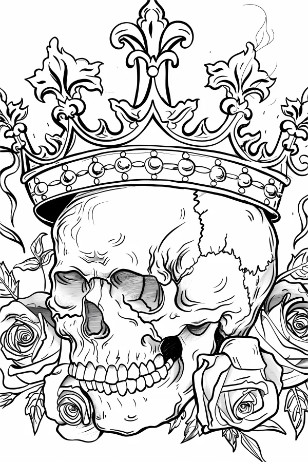 Skull wearing an ornate gothic crown, surrounded by detailed roses and leaves — free printable gothic coloring book page