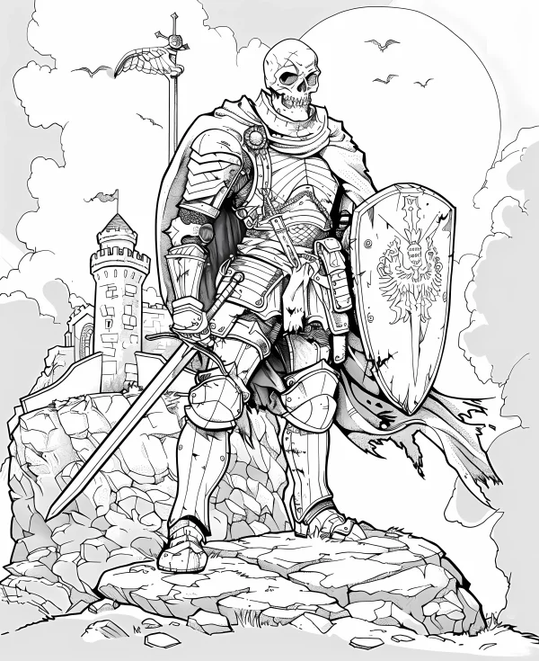 Skeleton knight in detailed armor holding sword and shield, dark fantasy horror style — free printable medieval coloring book page