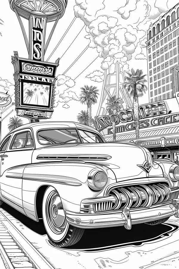 Vintage american classic car in retro urban street scene, with palm trees — free printable city scenery coloring book page
