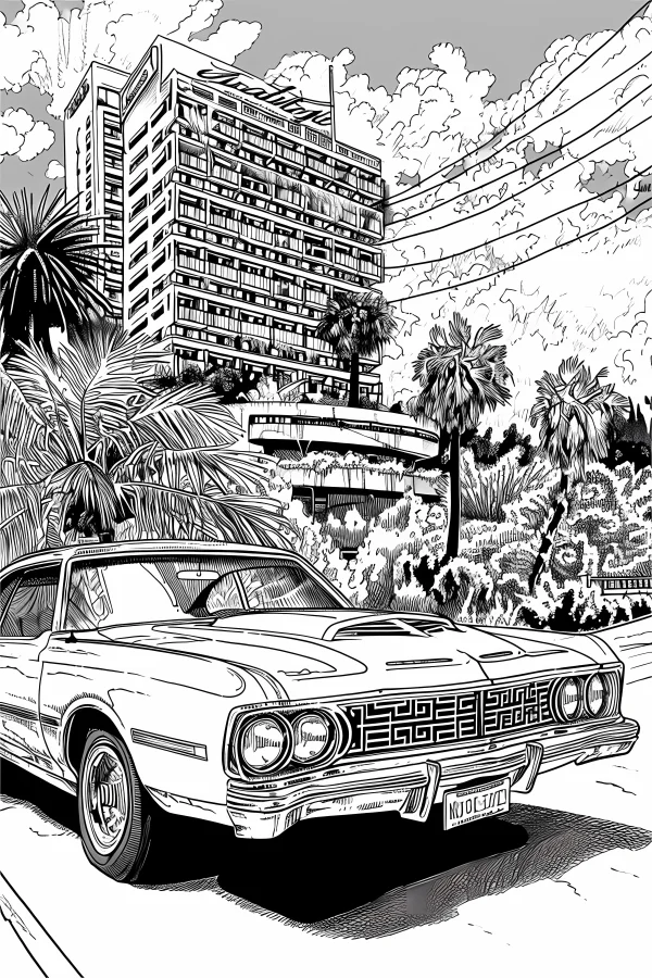 Vintage american car, retro american style — free printable city scenery coloring book page