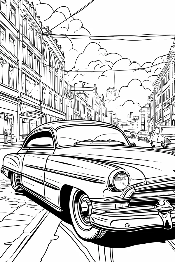 Vintage sedan on urban street, retro realistic illustration style — free printable city street view coloring book page