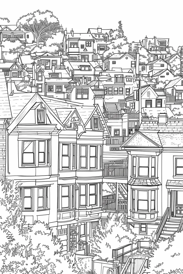 Hillside residential building complex, realistic illustration style — free printable living scene coloring book page