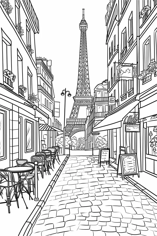 Coloring book page, paris street scene with eiffel tower — free printable leisure life coloring book page