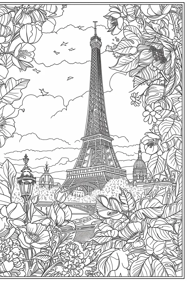 Eiffel tower urban flower landscape, european realistic illustration style — free printable european and american coloring book page
