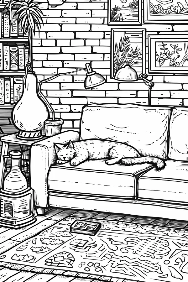 Sleeping cat on fabric sofa, realistic sketch line art — free printable home living coloring book page
