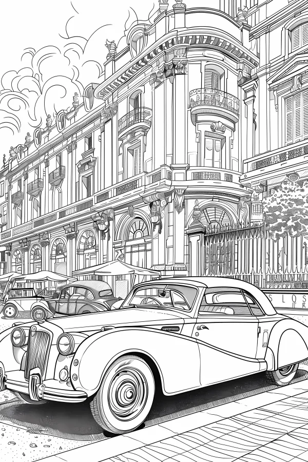 Vintage convertible car, in front of detailed european classical buildings — free printable city street view coloring book page