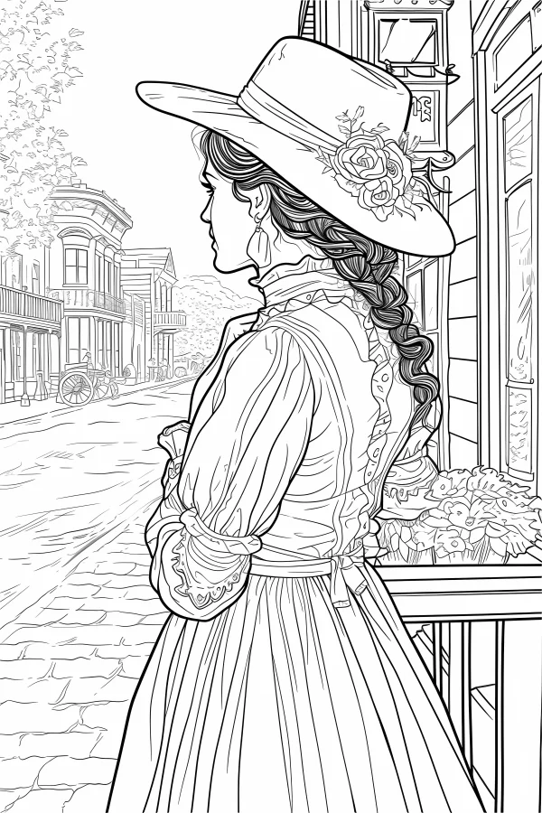 Vintage woman in long dress with wide-brimmed hat and braid, standing on old town cobblestone street with retro european-style buildings — free printable small town life coloring book page