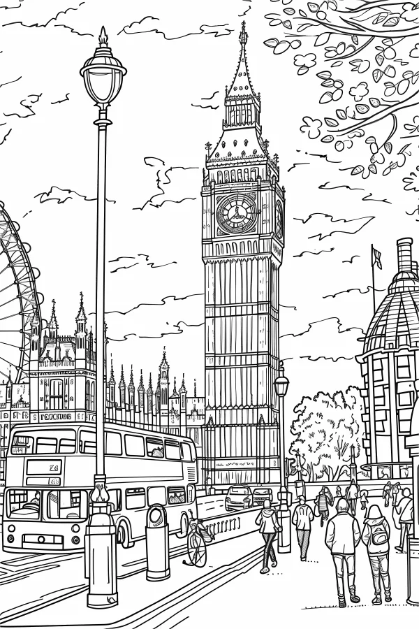 London city street scene with big ben, double-decker bus and london eye ferris wheel — free printable european and american coloring book page