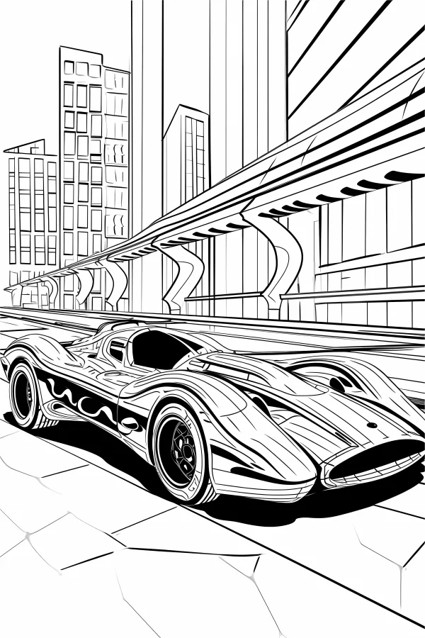 Futuristic sports car, sci-fi cartoon style — free printable city coloring book page