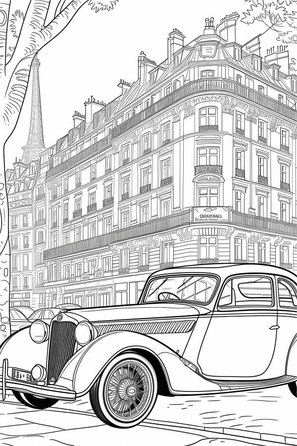 Vintage car in front of parisian classical buildings with eiffel tower in background, retro style — free printable european and american coloring book page