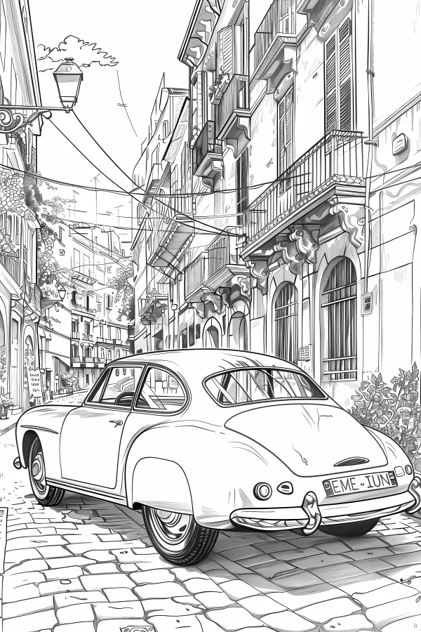 Vintage classic car parked in european cobblestone city street, retro realistic style — free printable cars coloring book page