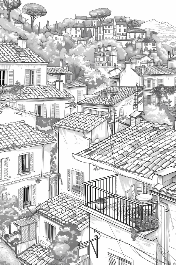 European town building complex, realistic sketch style — free printable european and american coloring book page