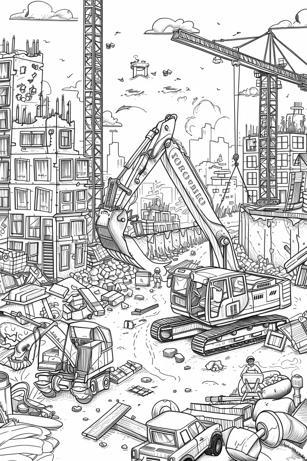 Urban construction demolition scene with excavator and tower cranes, cartoon sketch style — free printable city scene coloring book page
