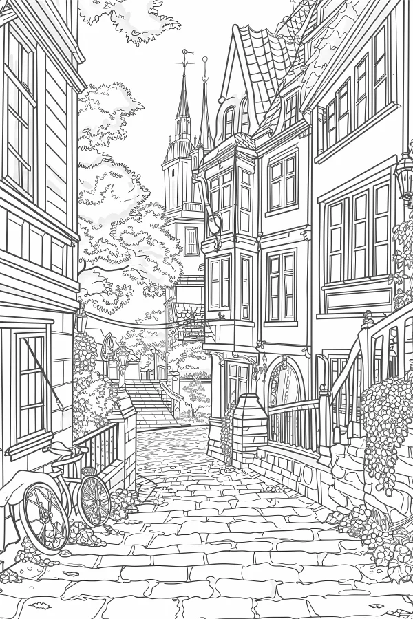 European town stone street with vintage buildings, european illustration style — free printable european and american coloring book page