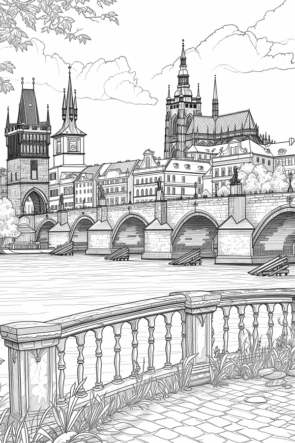 European riverside city scene with stone bridge and gothic architecture, realistic line art — free printable european and american coloring book page