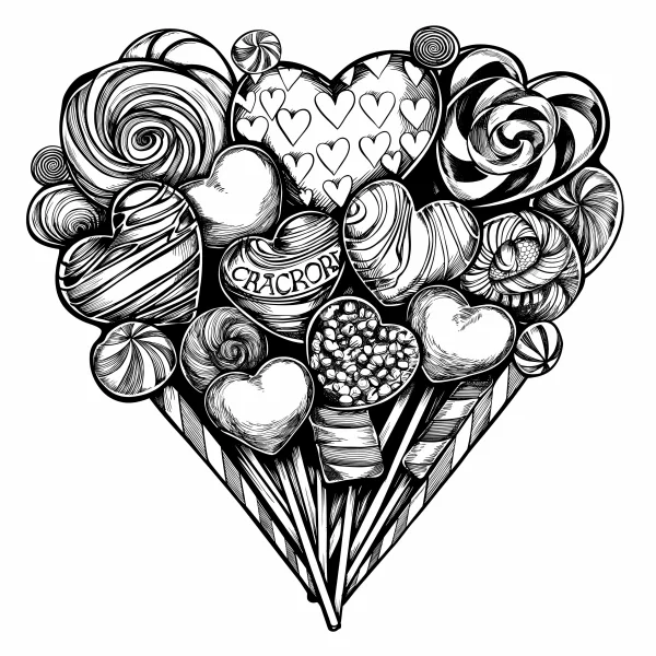 Heart-shaped candy arrangement, hand-drawn style — free printable valentine's day coloring book page