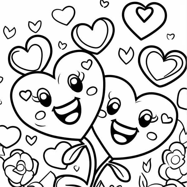 Anthropomorphic heart characters with happy expressions, cartoon style — free printable valentine's day coloring book page