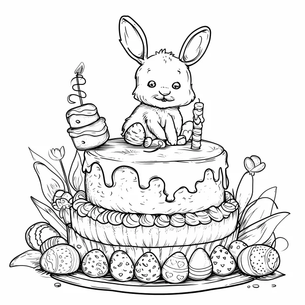 Cute easter bunny sitting on a birthday cake, cartoon illustration style — free printable easter coloring book page