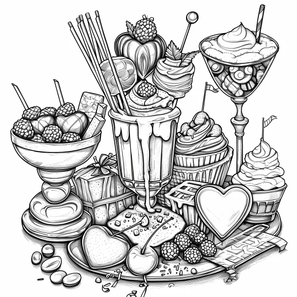 Dessert food combination, cartoon style — free printable party coloring book page