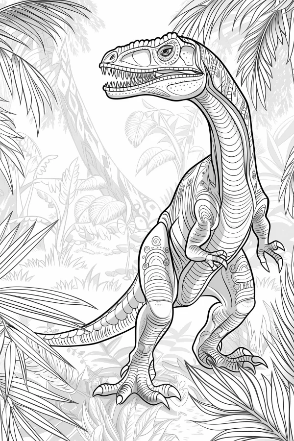 Decorative patterned dinosaur in jungle, black and white fine line art — free printable rainforest coloring book page