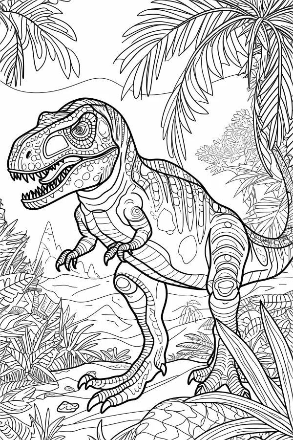 Mandala-style t-rex dinosaur in jungle setting, with zentangle patterns on the dinosaur body — free printable jungle coloring book page