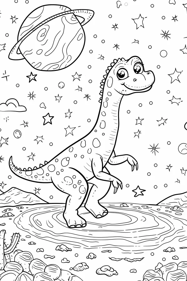 Cute cartoon space dinosaur, cartoon style — free printable space coloring book page