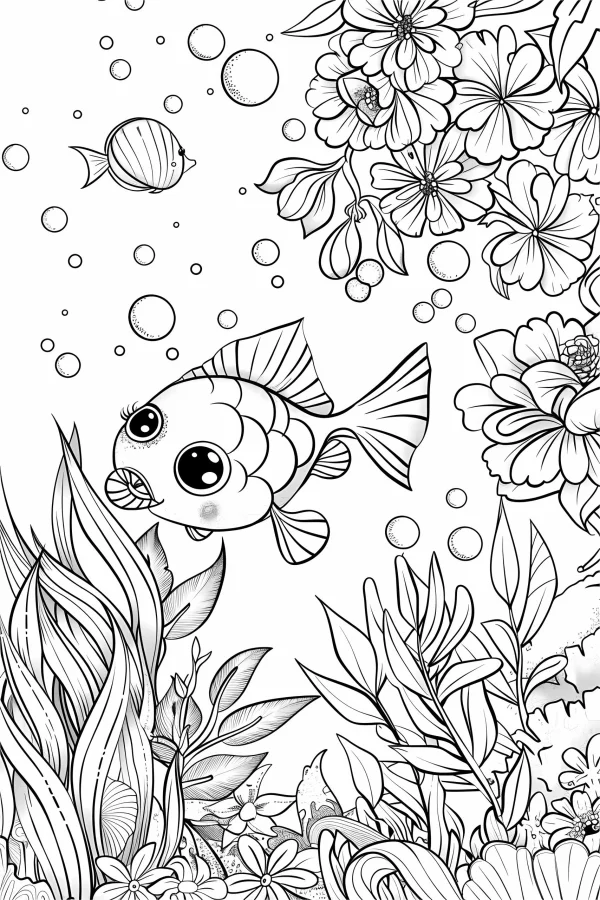 Cute big-eyed cartoon fish, cartoon style — free printable animal theme coloring book page