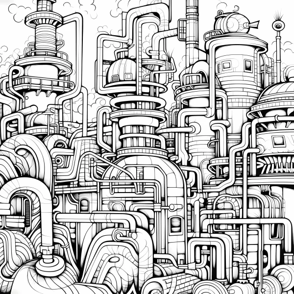 Steampunk industrial complex, steampunk style — free printable industrial coloring book page