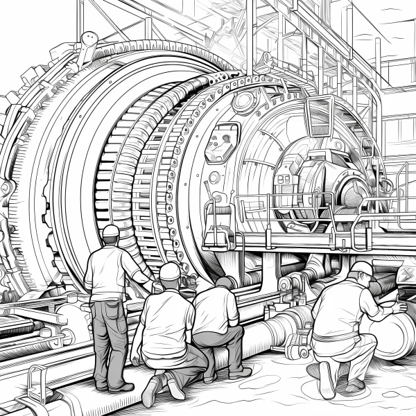 Large industrial machinery with workers operating and inspecting it, realistic sketch style — free printable work coloring book page