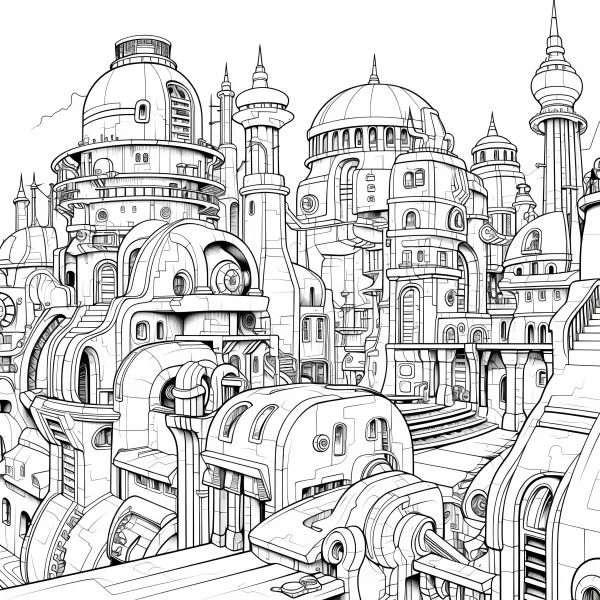 Futuristic sci-fi cityscape with intricate buildings, sci-fi illustration style — free printable future city coloring book page