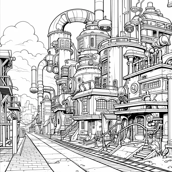 Steampunk style city street with intricate mechanical buildings, large pipes and railway tracks — free printable city coloring book page