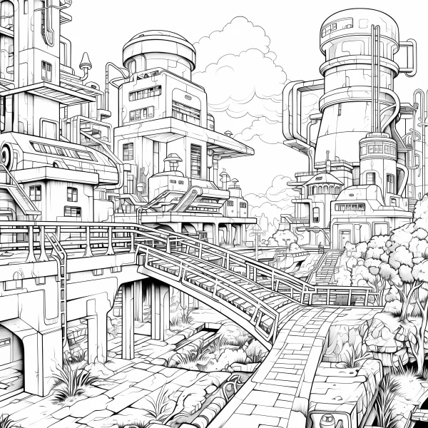 Futuristic sci-fi city complex with bridge, anime and sci-fi style — free printable future city coloring book page