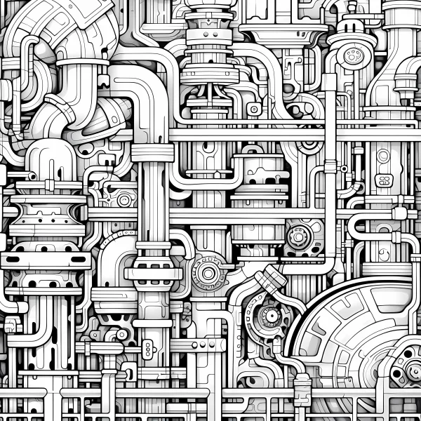 Steampunk mechanical pipe structure, steampunk style — free printable steampunk coloring book page