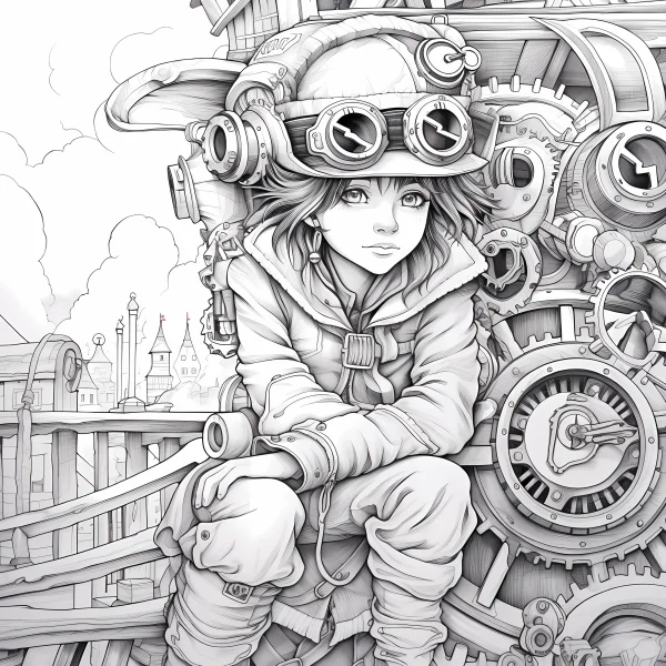 Steampunk girl wearing goggles and mechanical helmet, sitting on intricate mechanical gears with a retro cityscape in the background — free printable steampunk coloring book page