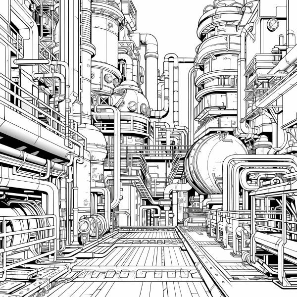 Sci-fi industrial factory facility, industrial sci-fi style — free printable industrial coloring book page